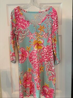 Lilly Pulitzer Aqua, Hot Pink & Yellow Floral Shift Dress, size medium